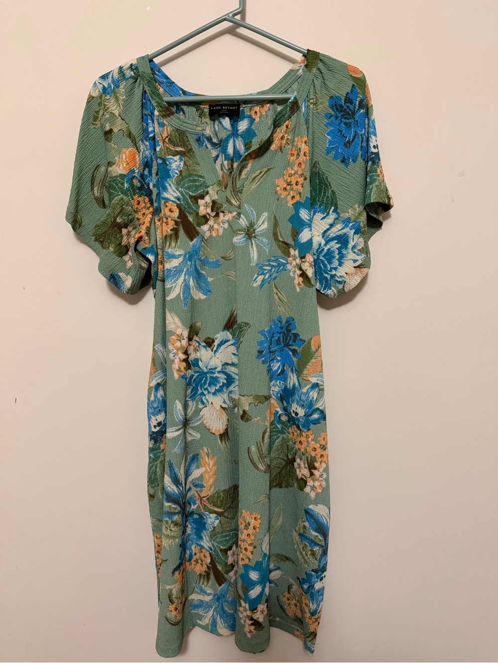 Lane Bryant Sage Green Floral Midi Dress with Blue & Cream Blooms